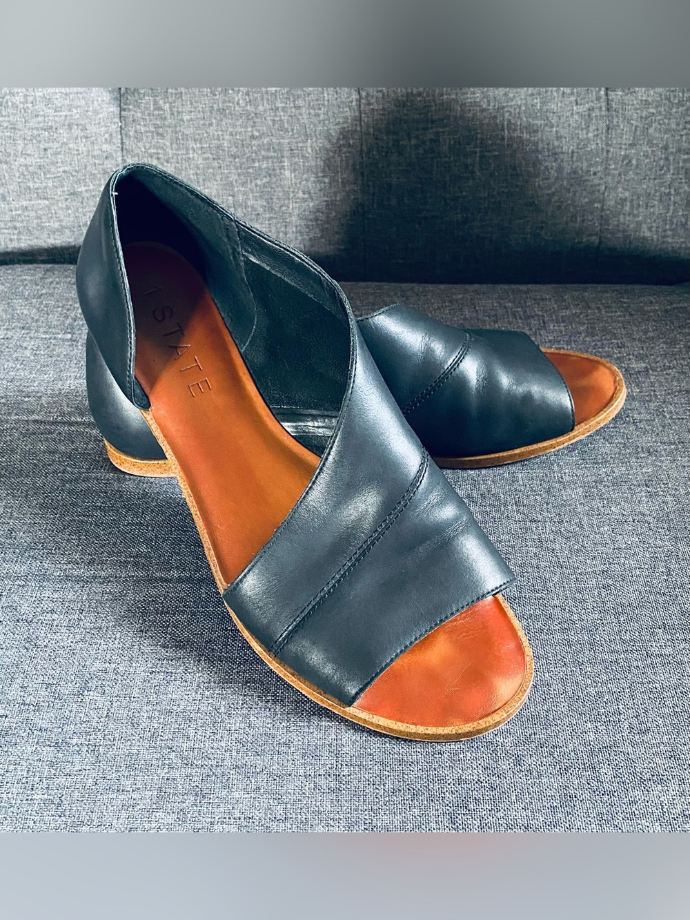 STATE Black Leather Open-Toe Sandals with Tan Insole